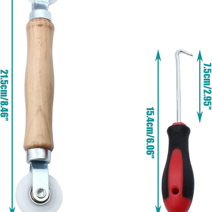 3 Pcs Window Door Screen Repair Kit, Screen Spline Roller Tool with Wooden Handle & Nylon Bearing Wheels and Removal Hook