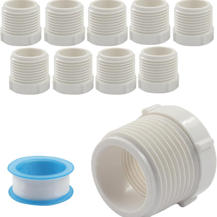 10 Pack 1 Inch Male Thread to 1/2 Inch Female Threaded PVC Pipe Fittings Connector, Reducer Bushing Adapter Coupling with Teflon Tape (White)