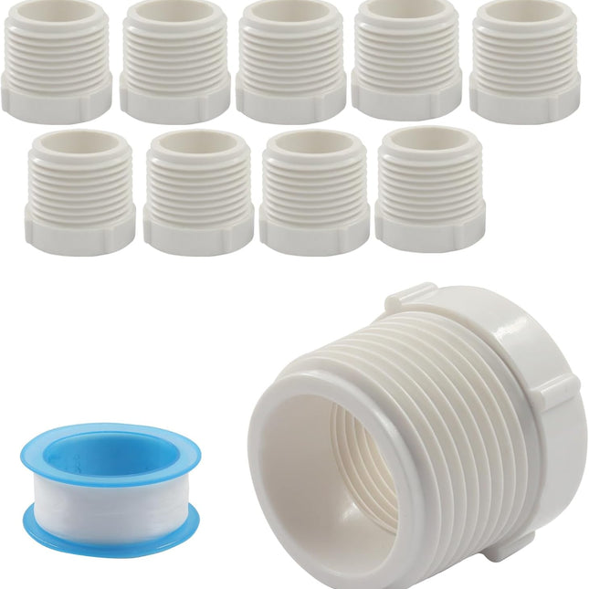 10 Pack 1 Inch Male Thread to 1/2 Inch Female Threaded PVC Pipe Fittings Connector, Reducer Bushing Adapter Coupling with Teflon Tape (White)