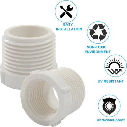 10 Pack 1 Inch Male Thread to 1/2 Inch Female Threaded PVC Pipe Fittings Connector, Reducer Bushing Adapter Coupling with Teflon Tape (White)
