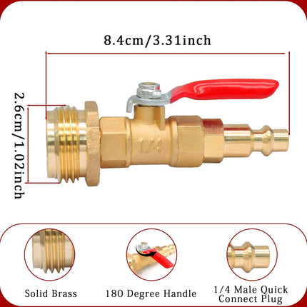 Winterize Blowout Adapter with 1/4" Quick Connect Plug and 3/4" Garden Water Hose Threading Brass Winterize Quick Adapter with Ball Valve for RV Boat Camper Trailer Sprinkler Irrigation