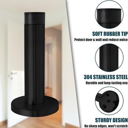 2 Pack 3.5 Inch Stainless Steel Door Stops Bumper Sound Dampening Door Stoppers with Soft Rubber Tip Wall Door Protector, Black