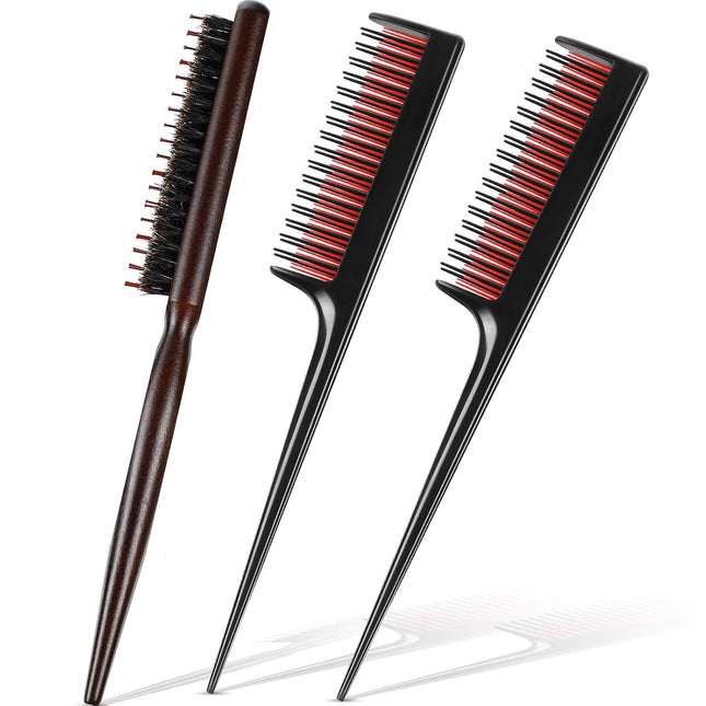 3 Pcs Hair Teasing Comb Set Includes 2 Nylon Triple Comb and Boar Bristle Teaser Brushes in Black