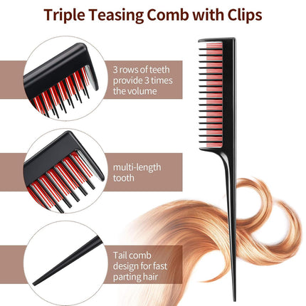 3 Pcs Hair Teasing Comb Set Includes 2 Nylon Triple Comb and Boar Bristle Teaser Brushes for Women Stylist Men Backcombing Slicking Curly Thick Wet Hair(Black)