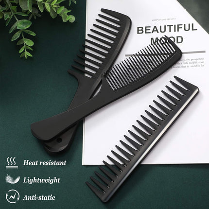 3 Pieces Wide Tooth Detangling Hair Comb Styling Set, Carbon Fiber Styling Cutting Comb Anti Static Heat Resistant for Women Curly Straight Long Hair, Black