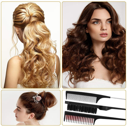3 Pieces Hair Styling Comb Set for Women's Back Combing - Teasing/Fluffy Brush, Rat Tail Comb, and Triple Combing Comb (Black)