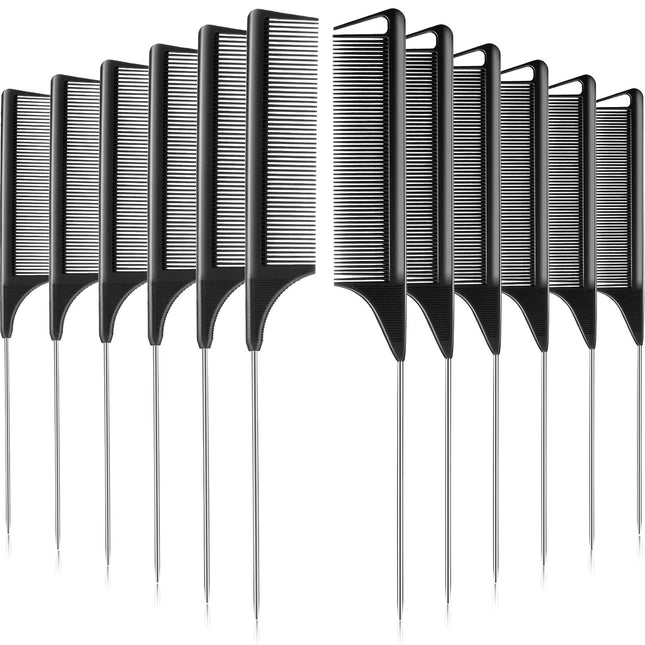 12 Pieces Rat Tail Comb Carbon Fiber Parting Set Stainless Steel Tail Hair Comb Heat Resistant Teasing for