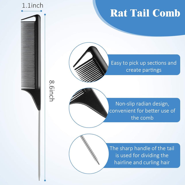 12 Pieces Rat Tail Comb Carbon Fiber Parting Set Stainless Steel Tail Hair Comb Heat Resistant Teasing for – product detail