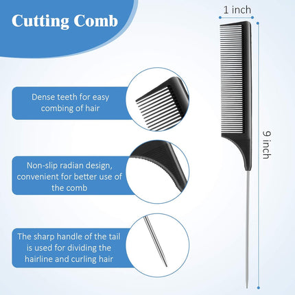 12 Pieces Rat Tail Comb Carbon Fiber Parting Set, Stainless Steel Tail Hair Comb Heat Resistant Teasing for Braid Hair Salon Home Use