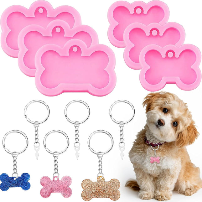 6 Pcs Silicone Dog Tags Mold 2.5'' 2'' Resin Keychain Molds Dog Bone Tag Keychain V1258-DP02-A-2315 in Pink