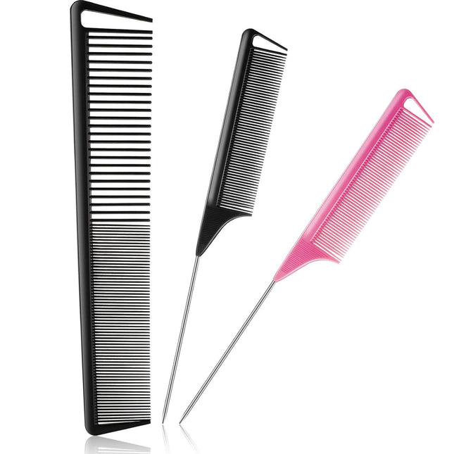 3 Pcs Rat Tail Parting Comb for Braids Carbon Fiber Stainless Steel Pintail Teasing Combs