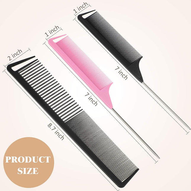 3 Pcs Rat Tail Parting Comb for Braids Carbon Fiber Stainless Steel Pintail Teasing Combs – product detail