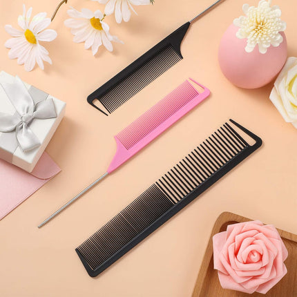 3 Pcs Rat Tail Parting Comb for Braids Carbon Fiber Stainless Steel Pintail Teasing Combs Heat Resistant with Wide Tooth for Men and Women, Hair Stylist, Salon Hairdressing Hair Care Tools