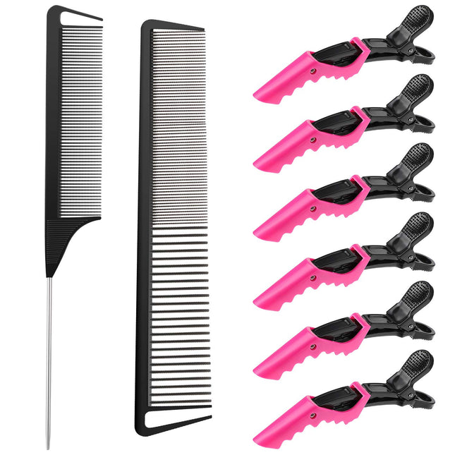 Hair Comb Set 8 Pieces Rat Tail Combs Teasing Combs and Hand-held Alligator Clips Carbon