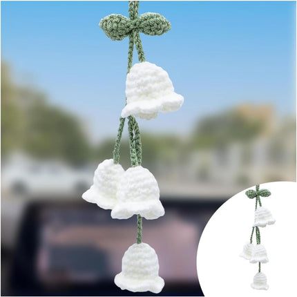 Car Mirror Hanging Accessories, Cute Crochet Suzuran Car Rearview Mirror Charm, Handmade Knitting, Fit for Backpack, Keychain (White)