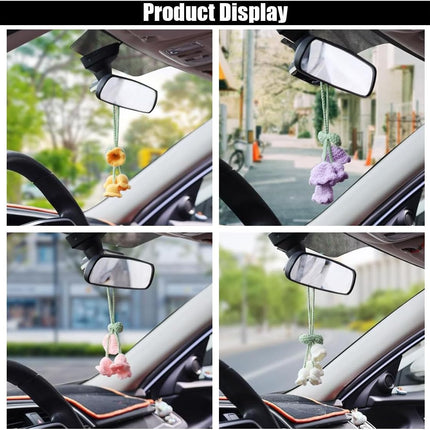 Car Mirror Hanging Accessories, Cute Crochet Suzuran Car Rearview Mirror Charm, Handmade Knitting, Fit for Backpack, Keychain (White)