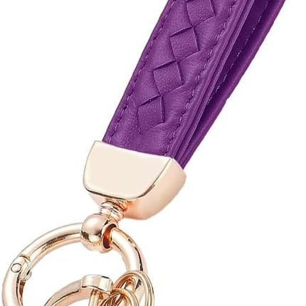 Genuine Leather Car Keychain, 360 Degree Rotatable Handmade Knit Sheepskin Keychain, Key Fob Holder with Anti-Lost D-Ring (Purple)