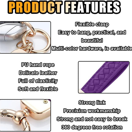 Genuine Leather Car Keychain, 360 Degree Rotatable Handmade Knit Sheepskin Keychain, Key Fob Holder with Anti-Lost D-Ring (Purple)