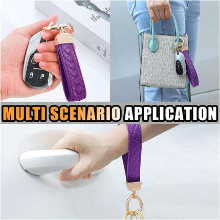 Genuine Leather Car Keychain, 360 Degree Rotatable Handmade Knit Sheepskin Keychain, Key Fob Holder with Anti-Lost D-Ring (Purple)