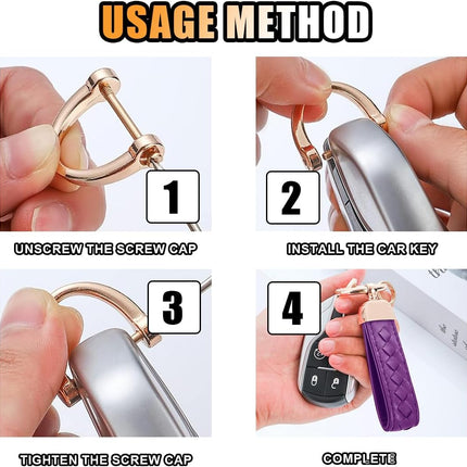 Genuine Leather Car Keychain, 360 Degree Rotatable Handmade Knit Sheepskin Keychain, Key Fob Holder with Anti-Lost D-Ring (Purple)