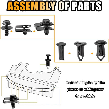 35PCS Car Body Bolts & Extruded U-Nuts Clips Kit - Bumper Fenders Liner Push Retainer Fastener Kit for Engine Under Cover, Universal Splash Shield Guard Bolts Fastener Rivet Clips for Most Cars