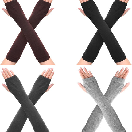 4 Pairs Arm Warmers Women Winter Long Fingerless Gloves Knit Mitten Elbow Length Gloves with Thumb Hole, Warm and Comfortable (Black, Coffee, Dark Gray, Light Gray)