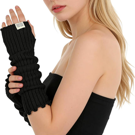 Black Arm Warmers Women Winter Long Black Cotton Fingerless Gloves Knit Mitten Elbow Length Gloves with Thumb Hole, Warm and Comfortable (Cotton)
