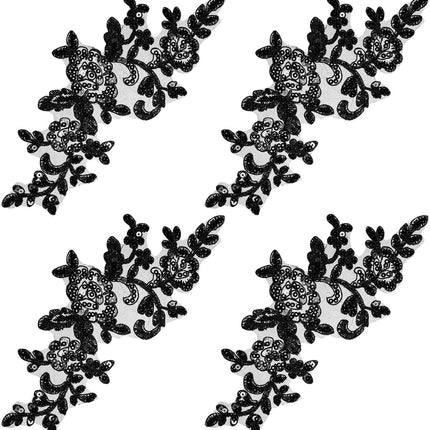 Appliques Patches, 4PCS Lace Embroidery Patches Black Embroidery Sequin Laces Appliques Lace Patch Sequin Bead Flower Laces Sew on Patch for Wedding Bridal Dress Sewing Craft DIY Clothes