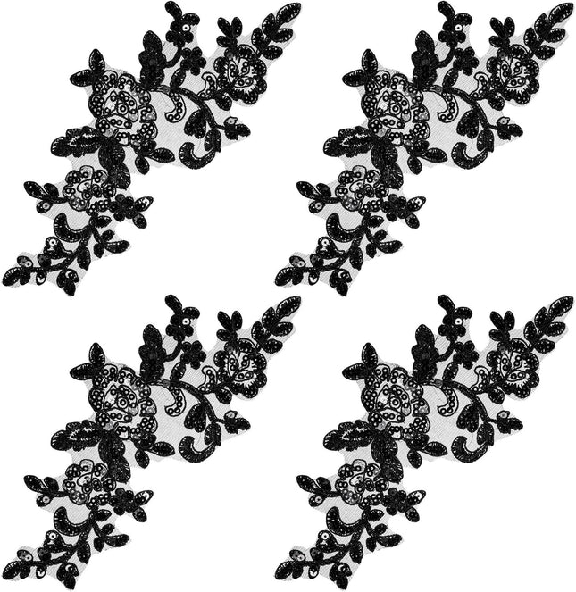Appliques Patches 4PCS Lace Embroidery Patches Black Embroidery Sequin Laces Appliques Lace Patch