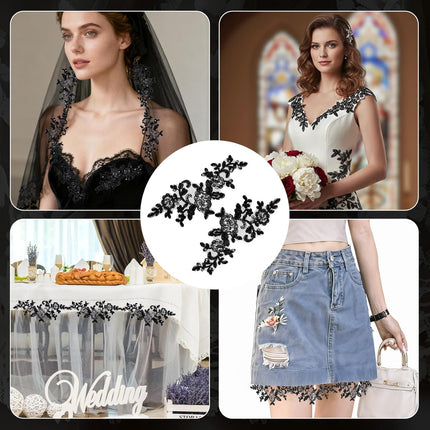 Appliques Patches, 4PCS Lace Embroidery Patches Black Embroidery Sequin Laces Appliques Lace Patch Sequin Bead Flower Laces Sew on Patch for Wedding Bridal Dress Sewing Craft DIY Clothes