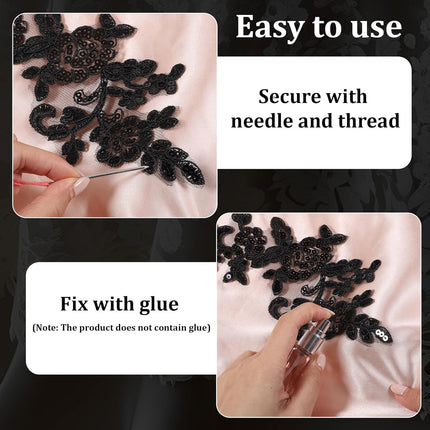 Appliques Patches, 4PCS Lace Embroidery Patches Black Embroidery Sequin Laces Appliques Lace Patch Sequin Bead Flower Laces Sew on Patch for Wedding Bridal Dress Sewing Craft DIY Clothes