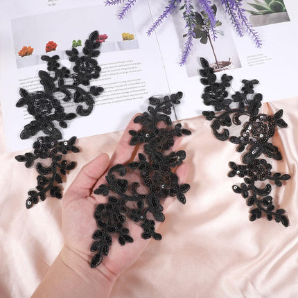 Appliques Patches, 4PCS Lace Embroidery Patches Black Embroidery Sequin Laces Appliques Lace Patch Sequin Bead Flower Laces Sew on Patch for Wedding Bridal Dress Sewing Craft DIY Clothes
