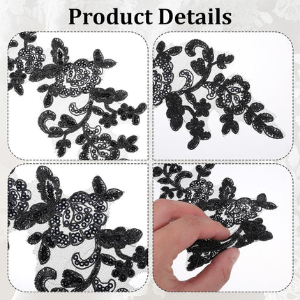 Appliques Patches, 4PCS Lace Embroidery Patches Black Embroidery Sequin Laces Appliques Lace Patch Sequin Bead Flower Laces Sew on Patch for Wedding Bridal Dress Sewing Craft DIY Clothes