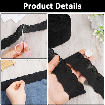 15 Yards Black Lace Trim, 1-5/8 inch Black Floral Embroidery Ruffle Cotton Lace Trim Wavy Edge Eyelet-Lace Ribbon for Crafts Sewing DIY Bag Dresses Clothes Pets Clothes
