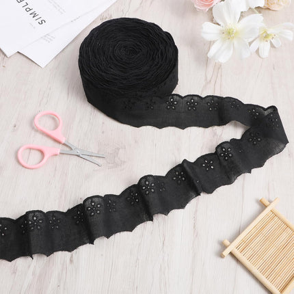 15 Yards Black Lace Trim, 1-5/8 inch Black Floral Embroidery Ruffle Cotton Lace Trim Wavy Edge Eyelet-Lace Ribbon for Crafts Sewing DIY Bag Dresses Clothes Pets Clothes