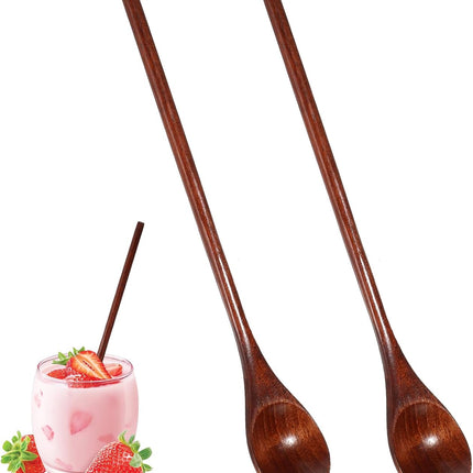 2 PCS Wooden Spoons for Honey, Long Handle Mixing Wooden Spoon 7.8 Inch Honey Spoons Matcha Spoon for Stirring Brown Cocktail Stirrer Mixing Teaspoon for Home Kitchen Bar Restaurant