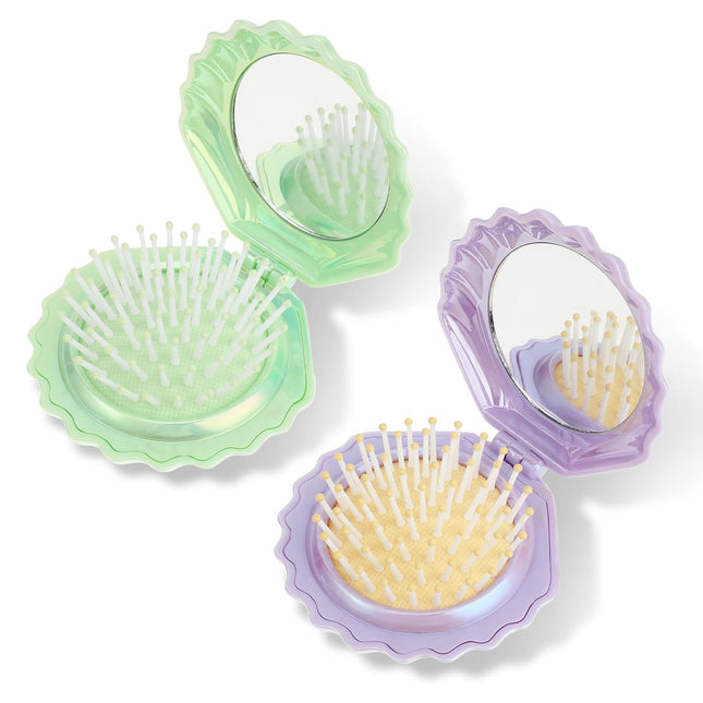 2 PCS Shell Folding Hair Brush with Mirror Foldable Mini Hairbrush Retractable Purse Combs Cute Small
