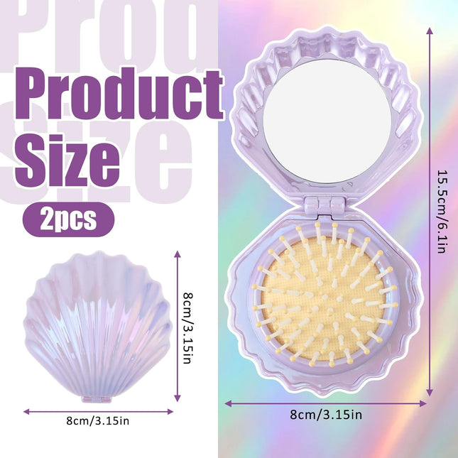 2 PCS Shell Folding Hair Brush with Mirror Foldable Mini Hairbrush Retractable Purse Combs Cute Small – product detail