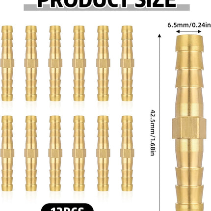 1/4 Inch Hose Barb Fitting, 12 Pcs Brass Splicer Mender Barbed Connector Air Hose Fittings Metal Air Line Repair Kit Garden Straight Watertight Hoses Connectors for Water, Fuel, Oil