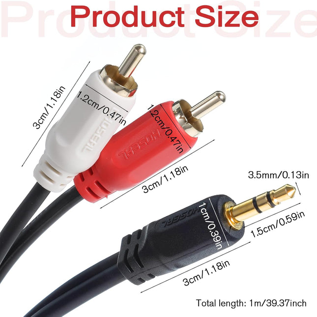 3.5 mm to 2RCA Audio Cable 3.2 ft/1 m Gold-Plated Plug Stereo Y Splitter Cord – product detail
