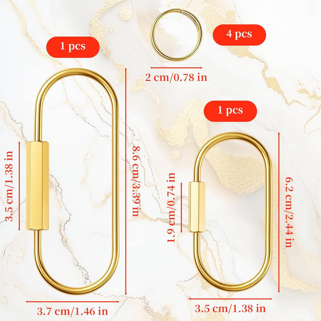 2-Pack Gold Brass Screw Lock Keychains with 4 Rings Gold Carabiner Key Ring V1258-DP02-A-398