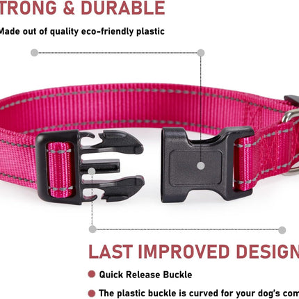 Reflective Dog Collar with Buckle Adjustable Safety Nyl Collars for Small Medium Large Dogs, Pink S