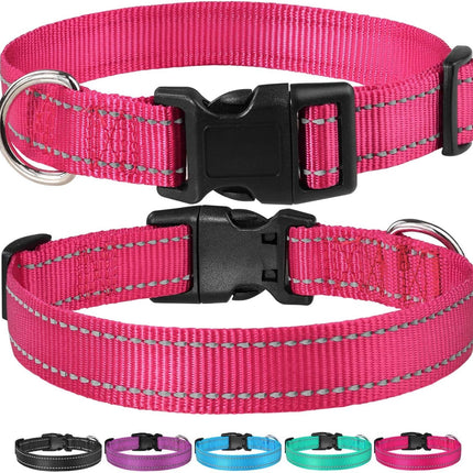 Reflective Dog Collar with Buckle Adjustable Safety Nyl Collars for Small Medium Large Dogs, Pink S