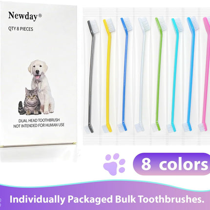 Petluno Dog Toothbrush Set of 8 - Dual Headed, Dental Hygiene Convenient Soft to Clean pet Teeth, Tooth Brushes for Small Large Dogs, Cats, and Most Pets, Teeth Brush in Bulk