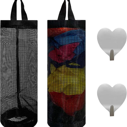 2 Pcs Plastic Bag Holder Trash Bags Storage Dispenser Organizer for Home Kitchen Mesh Hanging Dispensers Recycling Garbage Folding Grocery with Hooks (Black)