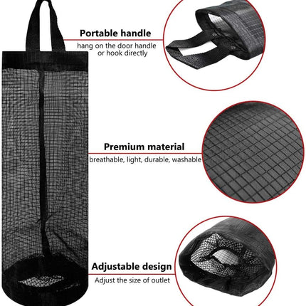 2 Pcs Plastic Bag Holder Trash Bags Storage Dispenser Organizer for Home Kitchen Mesh Hanging Dispensers Recycling Garbage Folding Grocery with Hooks (Black)