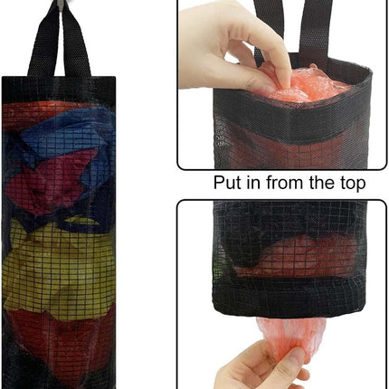 2 Pcs Plastic Bag Holder Trash Bags Storage Dispenser Organizer for Home Kitchen Mesh Hanging Dispensers Recycling Garbage Folding Grocery with Hooks (Black)