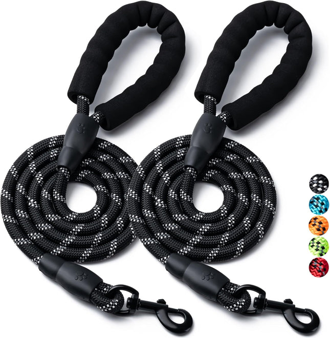 2 Pack Dog Leash 4/5/6 FT Heavy Duty Nyl Rope Pet Leashes with Comfortable Padded Handle (5FT-1/2 in Black