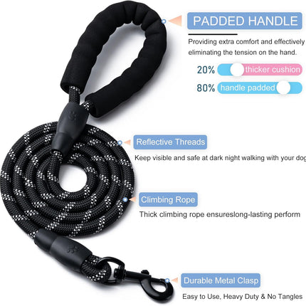 2 Pack Dog Leash, 4/5//6 FT Heavy Duty Nyl Rope Pet Leashes with Comfortable Padded Handle, Reflective Dog Leashes for Small Medium and Large Dogs (5FT-1/2,Black/Black)