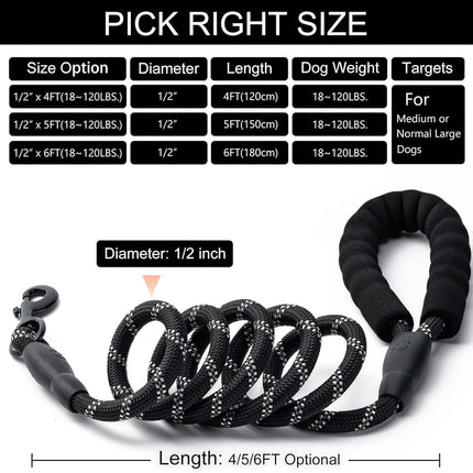 2 Pack Dog Leash, 4/5//6 FT Heavy Duty Nyl Rope Pet Leashes with Comfortable Padded Handle, Reflective Dog Leashes for Small Medium and Large Dogs (5FT-1/2,Black/Black)